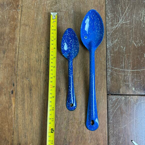 Vintage Blue White Speckled Enamel Graniteware Set of 2 Serving Cooking Spoons - Picture 2 of 7
